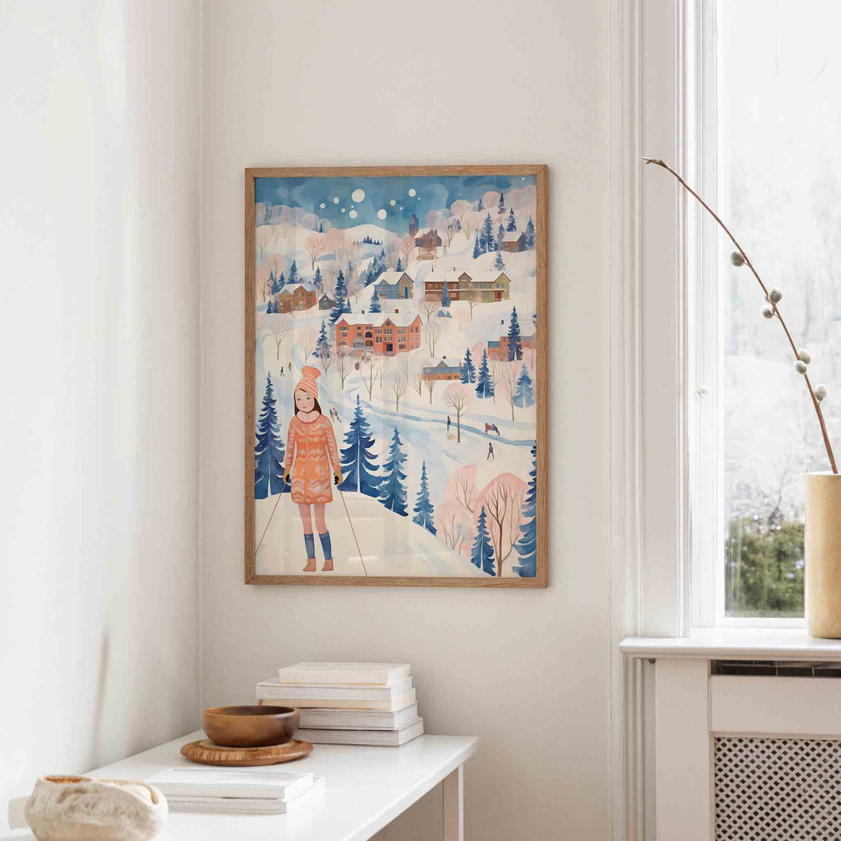 Winterlandschap met skiër – staande kerst wanddecoratie van WallArtistic
