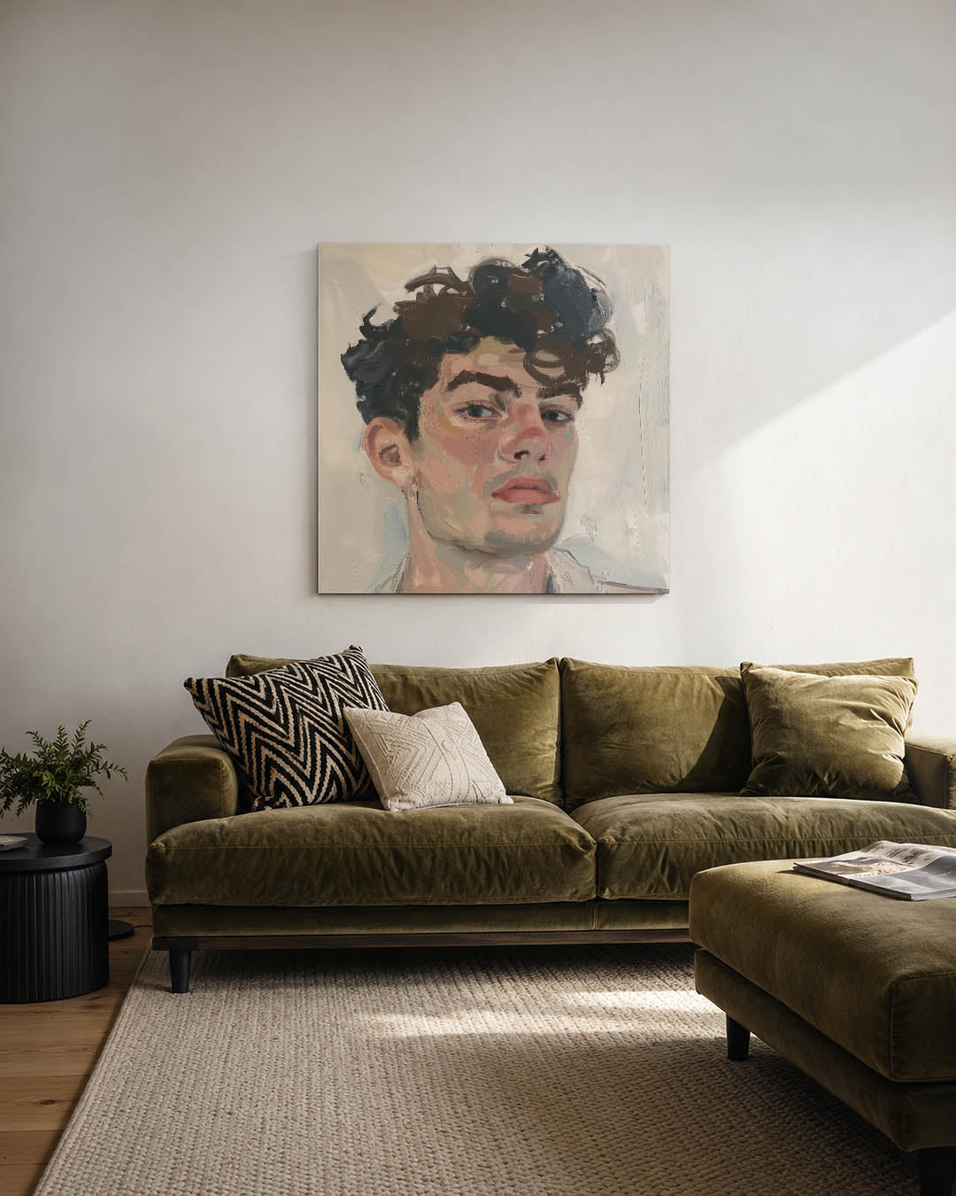 Portretstudie kunstwerk – derde productweergave – dit werk toont een portret met vloeiende penseelstreken. De kleuren en