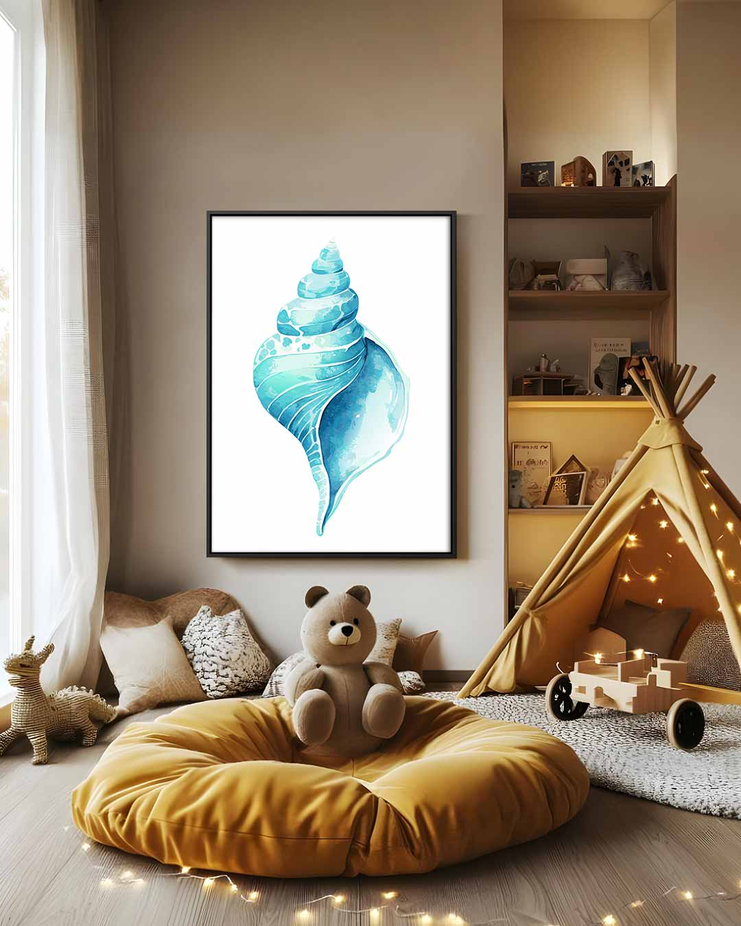 Turquoise Schelp Illustratie – canvas wanddecoratie in portret formaat