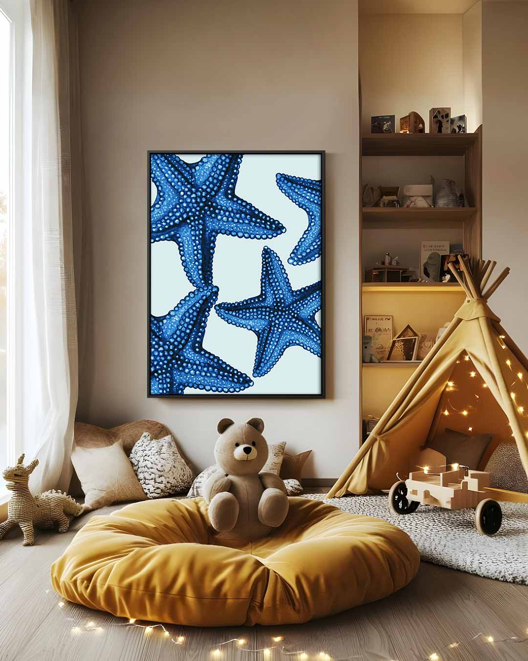 Blauwe zeesterren – canvas wanddecoratie in portret formaat