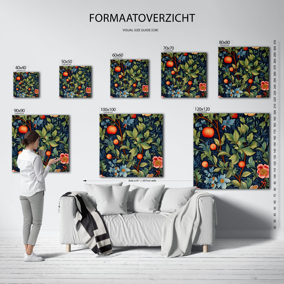 Bloemen en fruit – vierkante muurposter in William Morris stijl