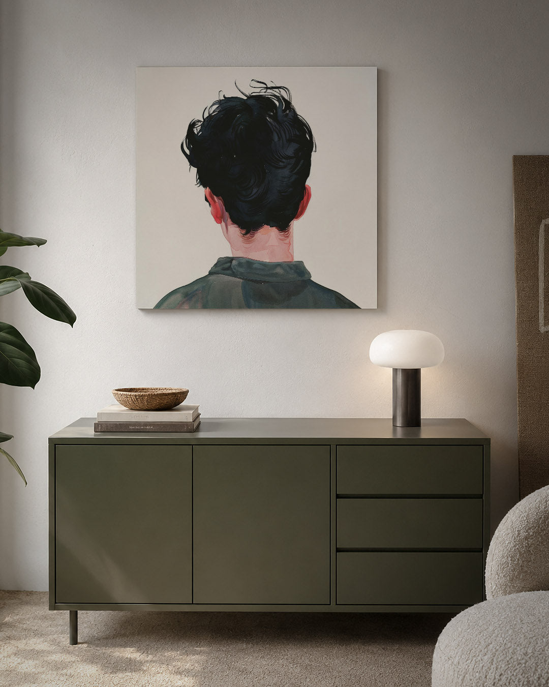 Achterkant portret kunstwerk – detailweergave – dit werk toont de achterkant van een persoon met donker haar en een groene