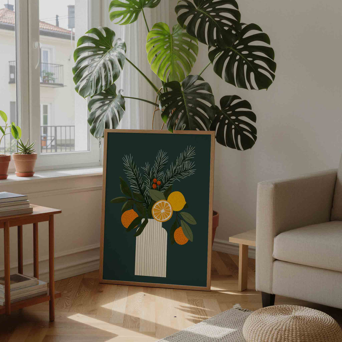Citrus en dennentakken – feestelijke wandkunst als portret poster