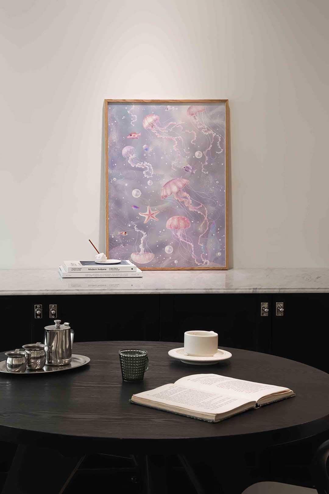 Kwallen en vissen – abstracte poster in staand formaat