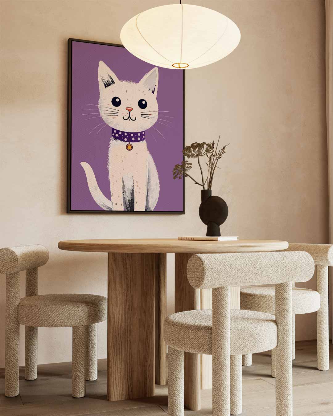 Vrolijke Kat op Paarse Achtergrond – staand kunstwerk voor modern interieur