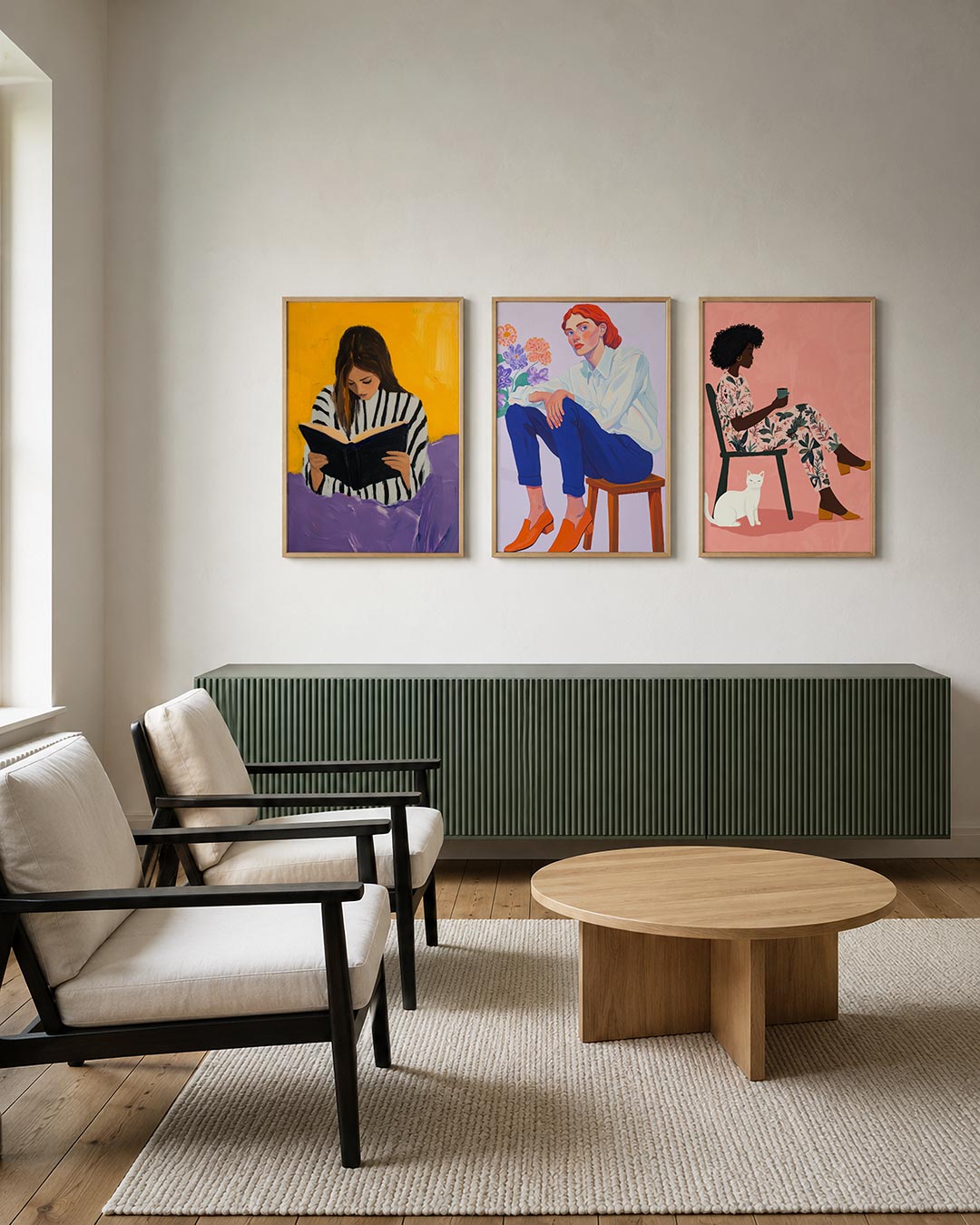 Kleur en lijnen posterset – tweede productweergave – een vrouw leest een boek tegen een levendige gele