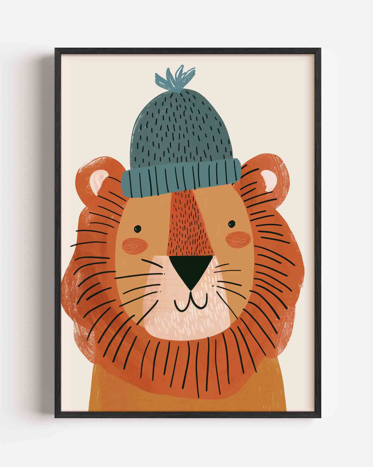 Leeuw met muts – kids portret poster als wanddecoratie