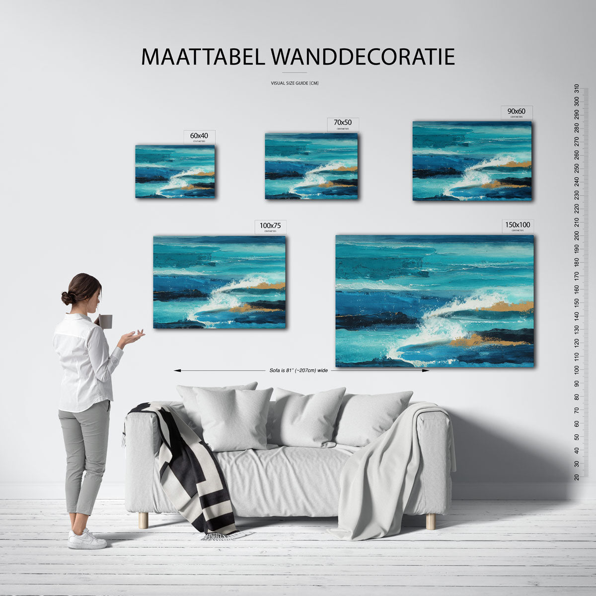 Dynamische zee – moderne liggende wandkunst