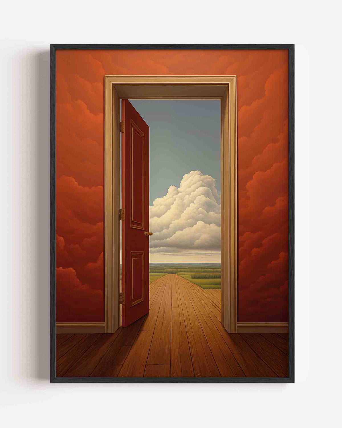 Open deur naar wolken – surrealistische portret poster als wanddecoratie