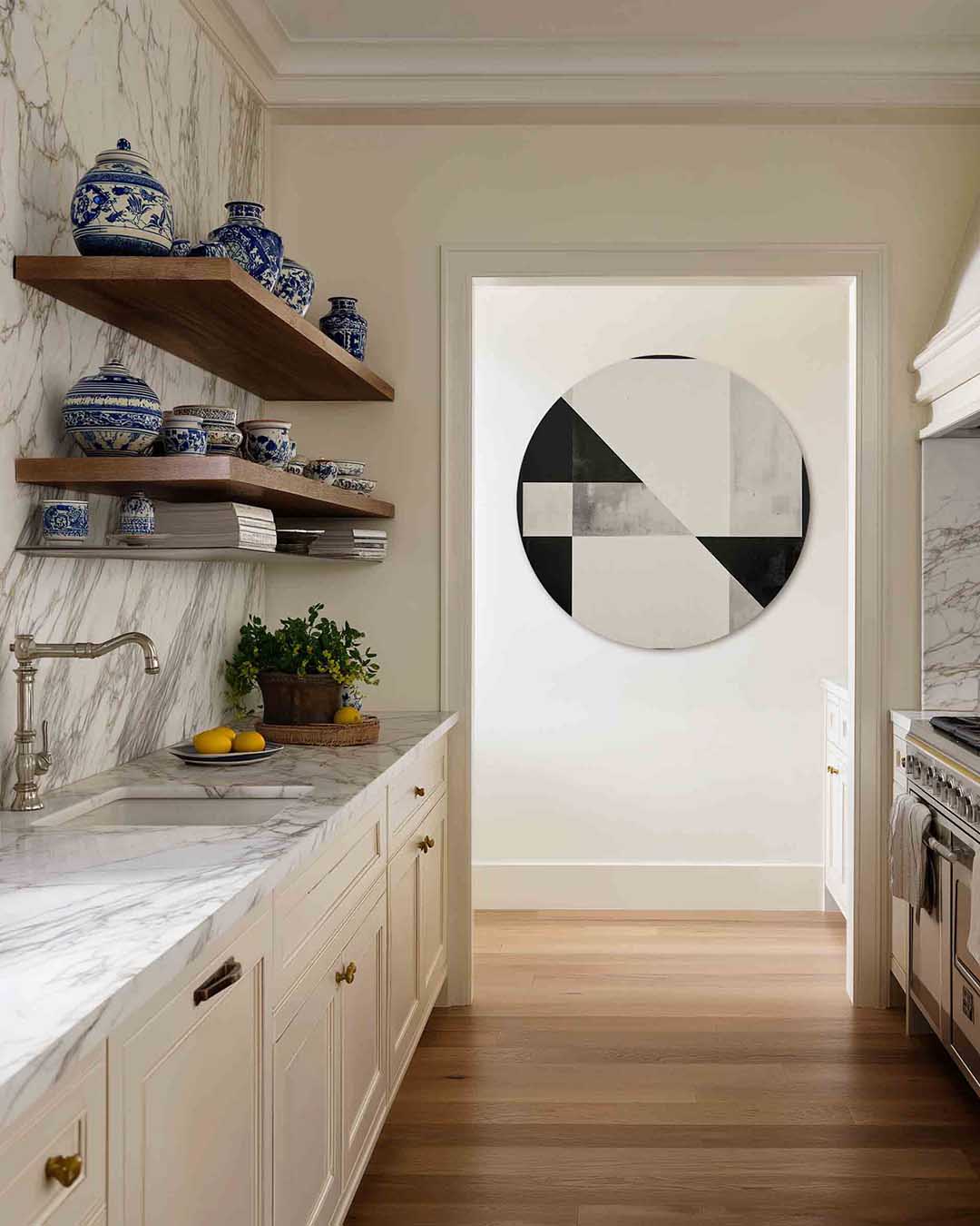 Geometrische zwart wit – moderne abstracte muurcirkel voor aan de muur