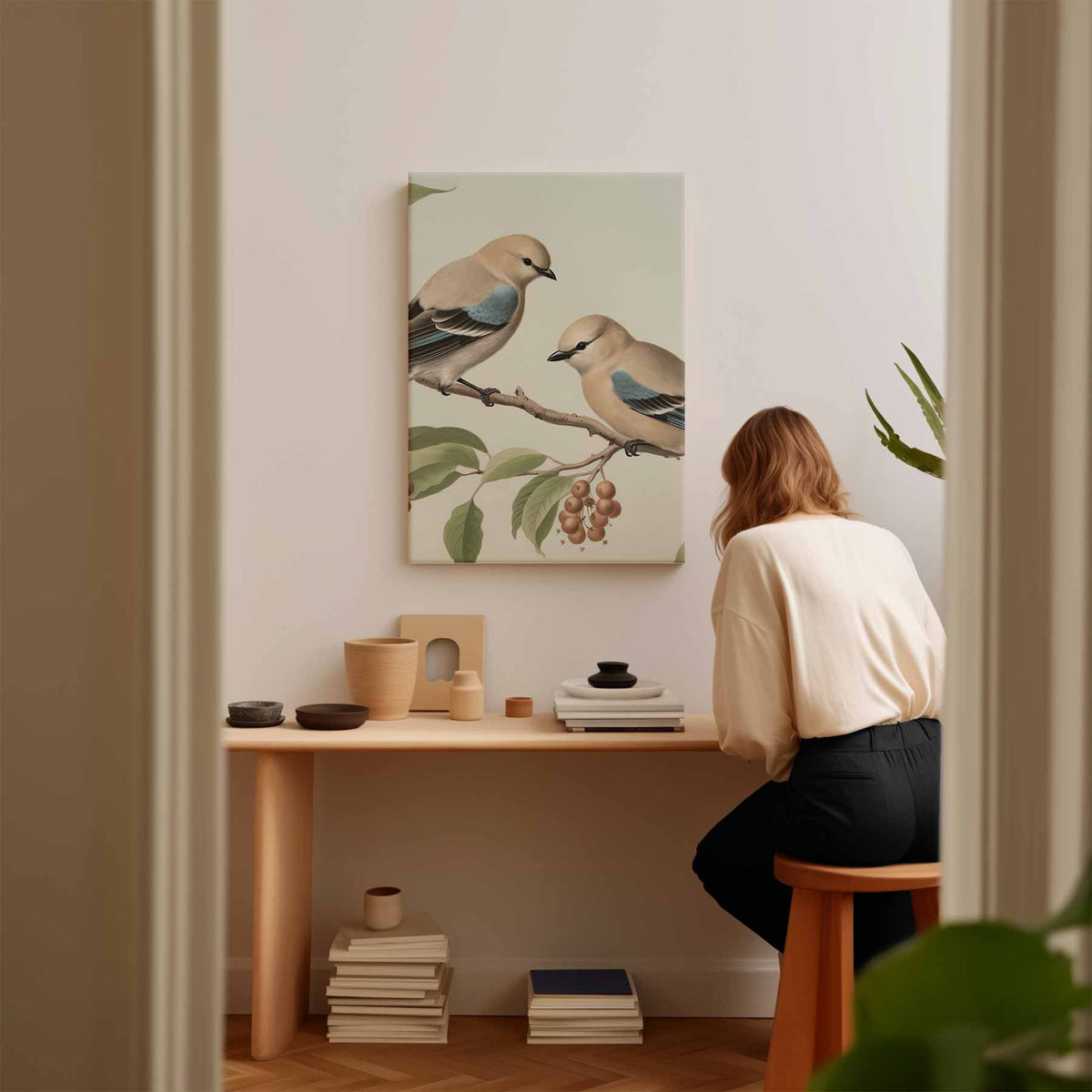 Twee Vogelvriendjes op een Tak – kunstwerk met zwarte baklijst
