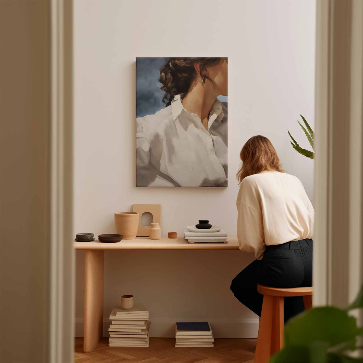 Zacht Portret met Witte Blouse – plexiglas kunstwerk als wanddecoratie