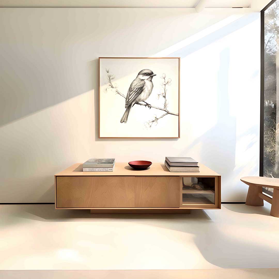Vogel op tak – vierkante dieren wanddecoratie van WallArtistic