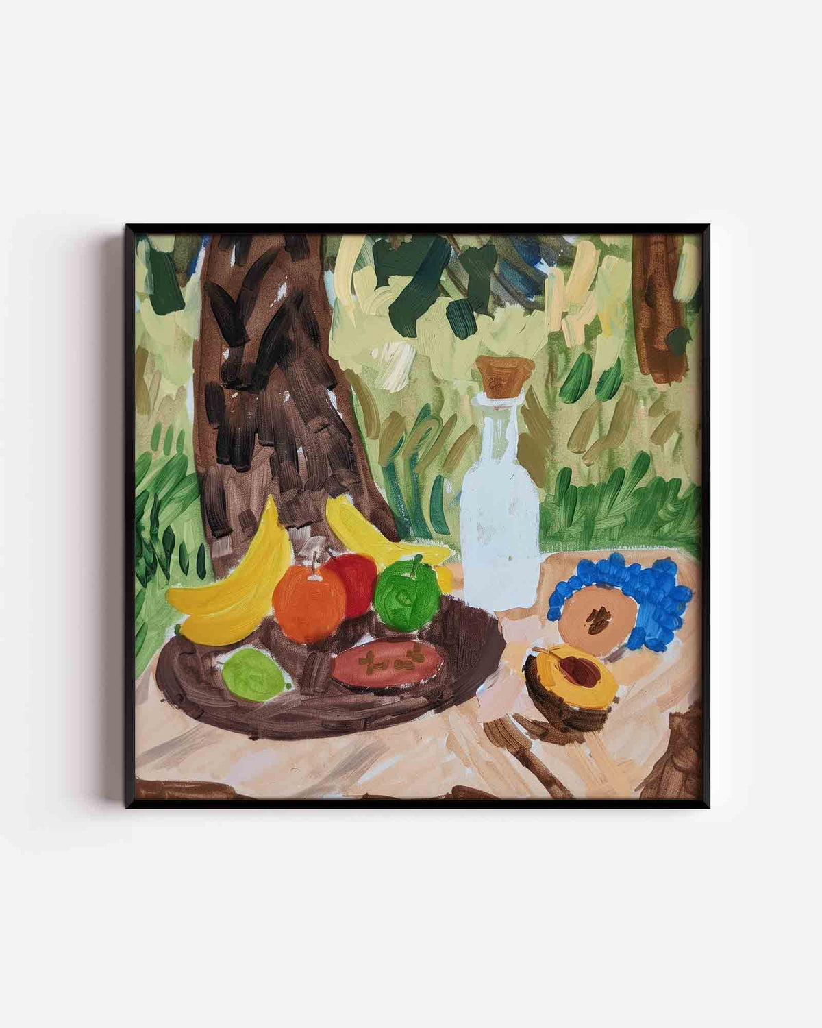 Fruit en fles op tafel – design vierkante poster als wanddecoratie