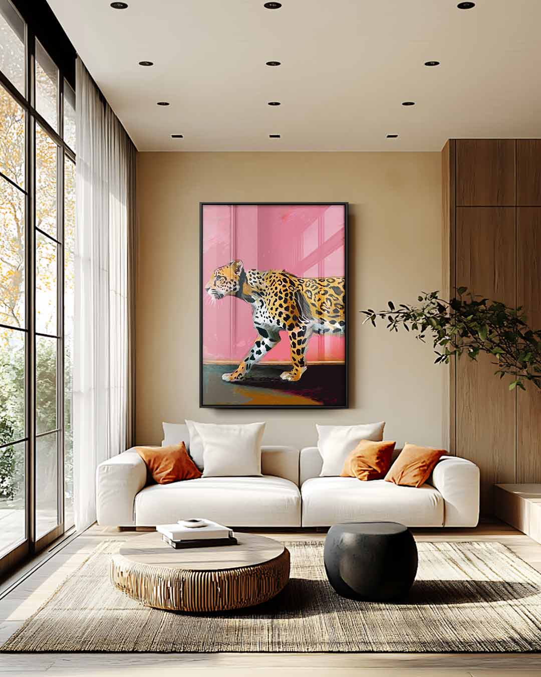 Wandeling van een Luipaard – staande wandkunst voor woonkamer of interieur