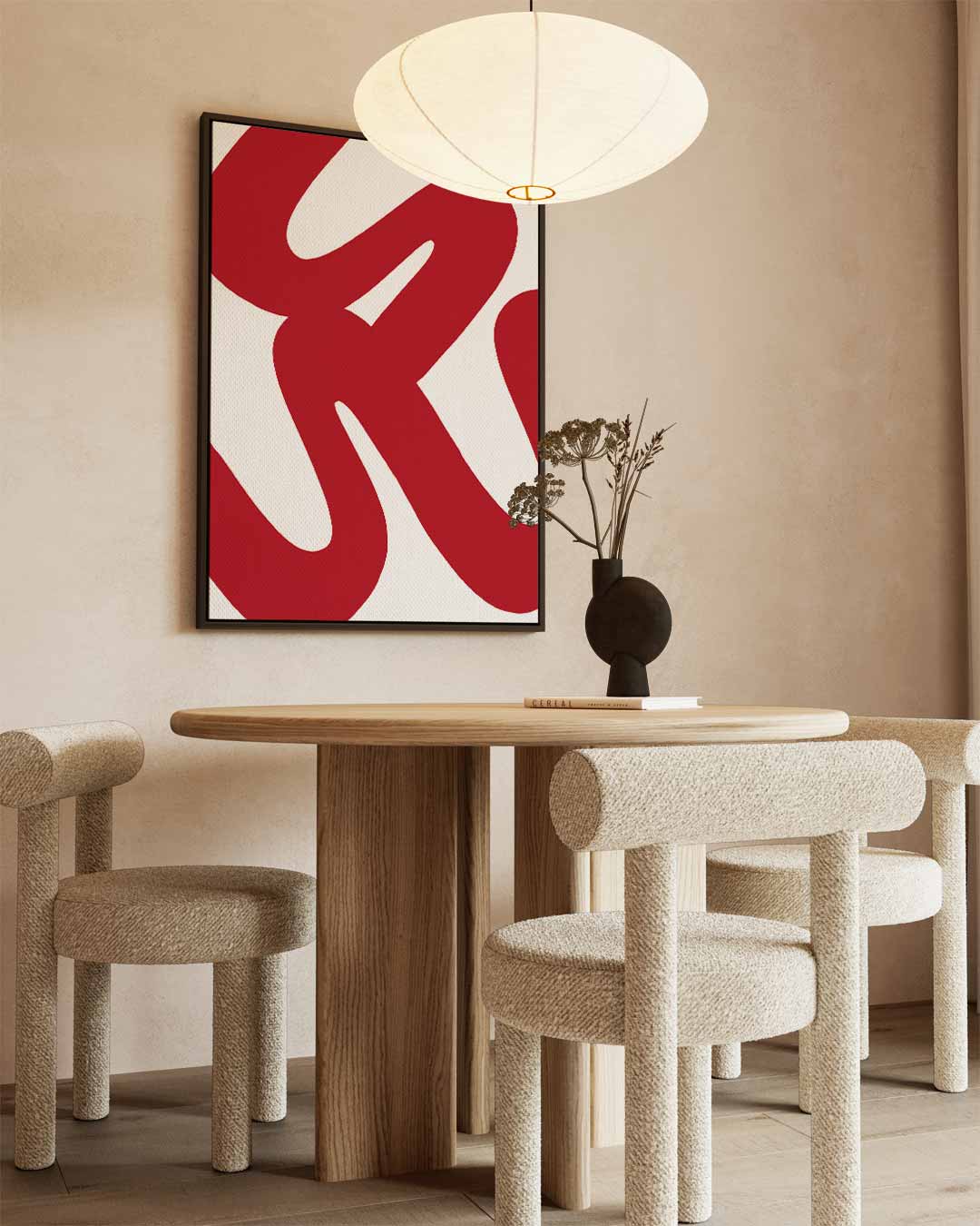 Dynamisch Rood – kunstwerk met zwarte baklijst
