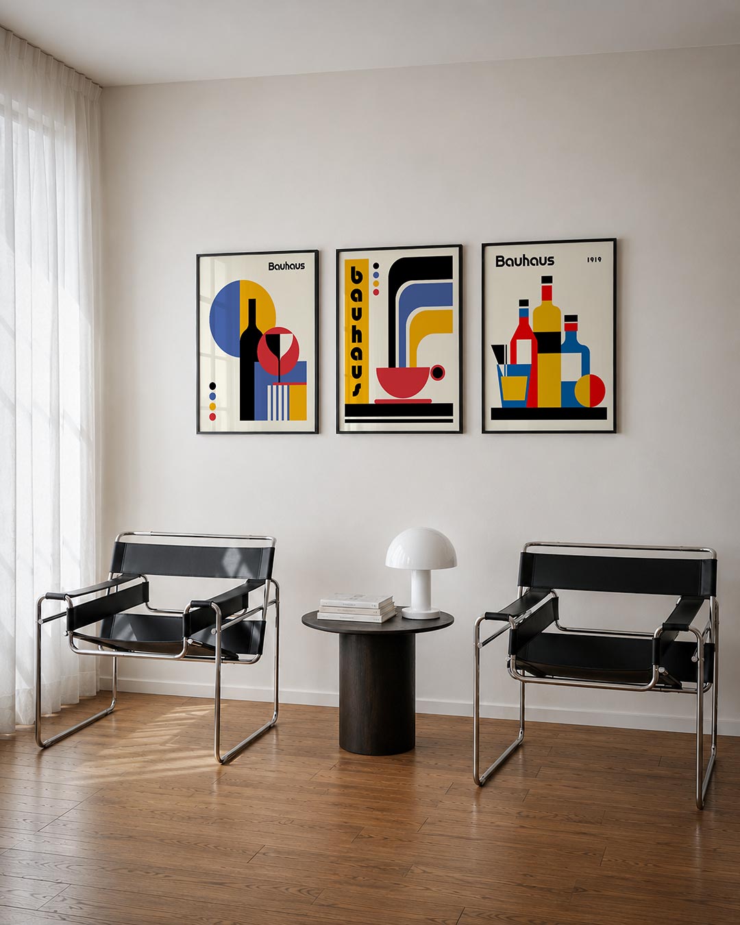 Vormen en kleurvlakken driedelige posterset – deze posterset in drie delen toont een speelse mix van cirkels, rechthoeken en
