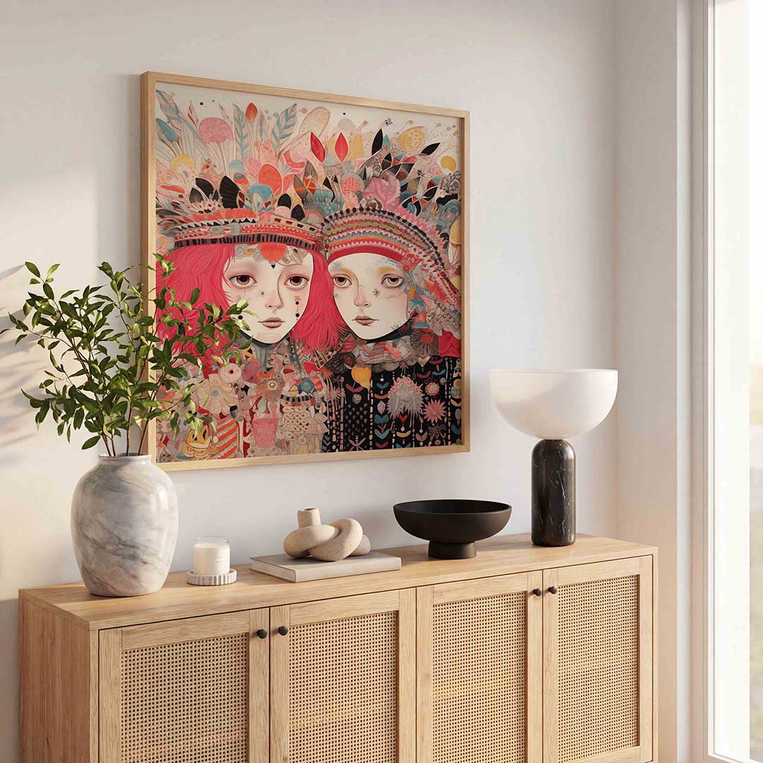 Twee figuren met kleurrijke hoofdtooien – kleurrijke poster in vierkant formaat