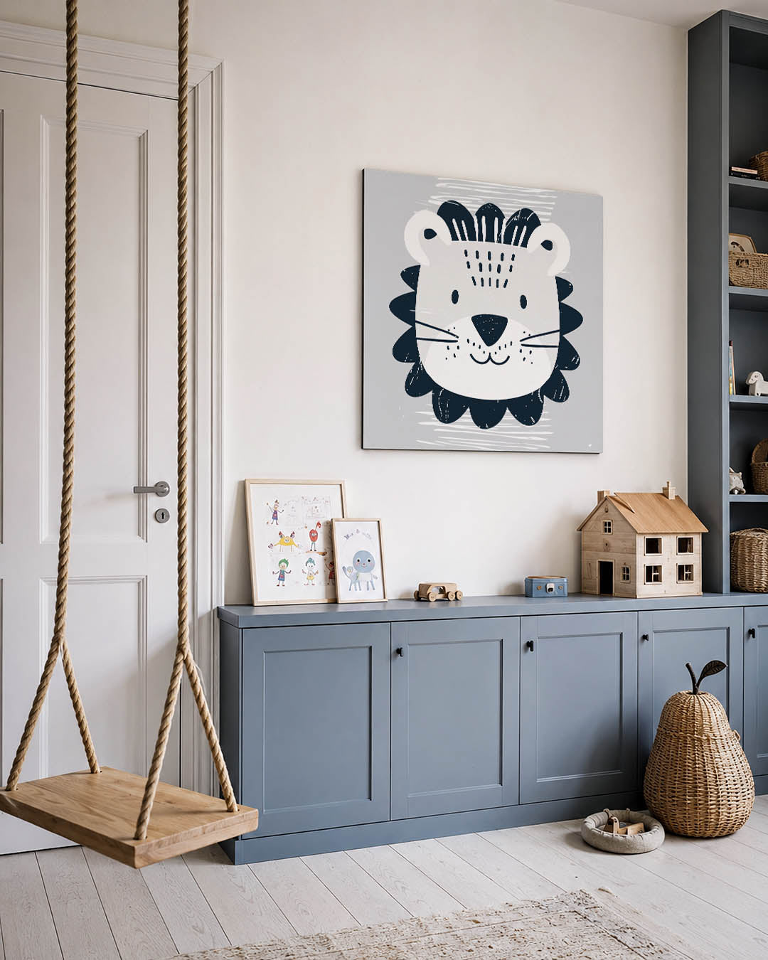 Speelse leeuwenkop kunstwerk – vierkante wanddecoratie – dit kunstwerk toont een speelse leeuwenkop met eenvoudige lijnen en