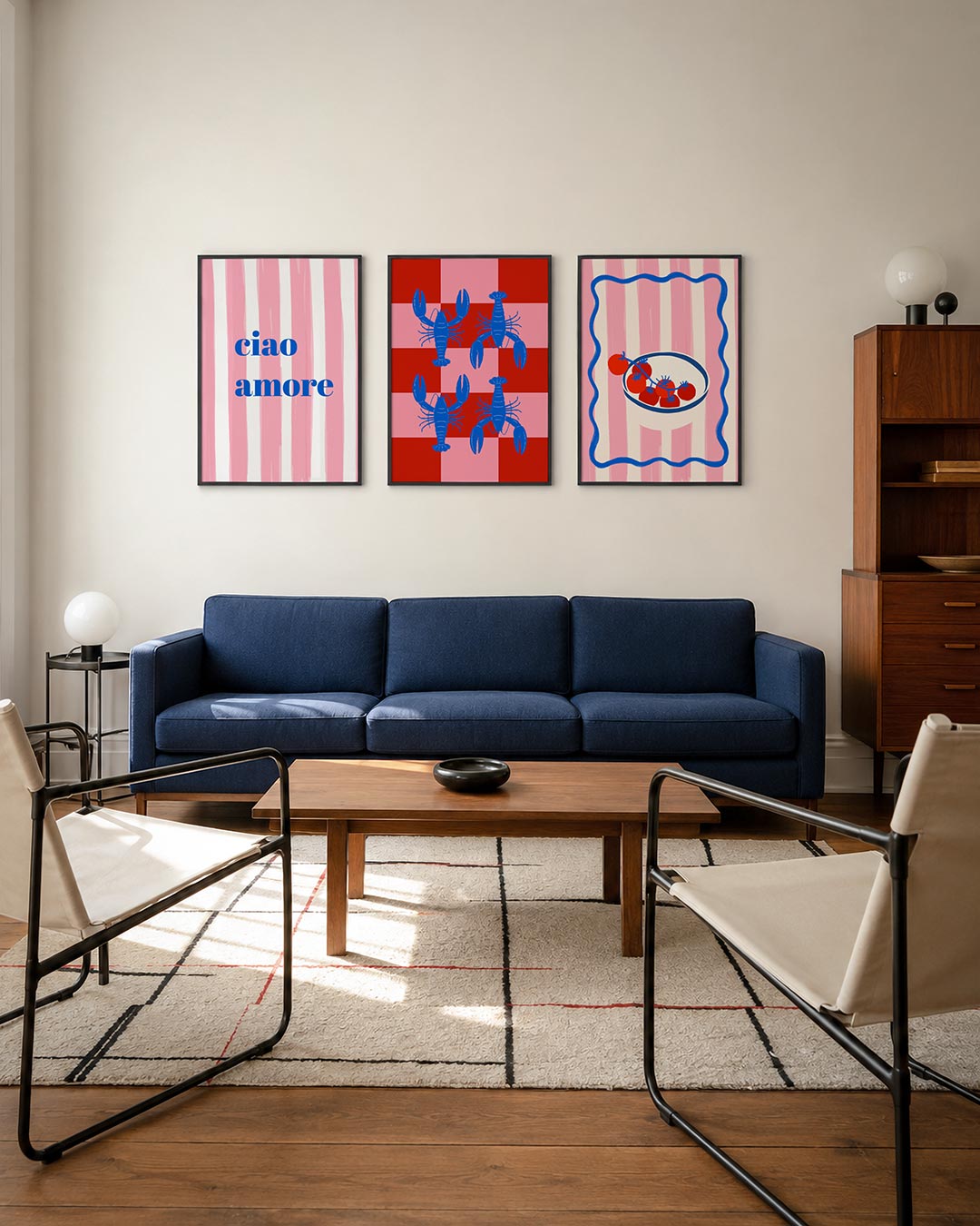 Strepen en woorden posterset – tweede productweergave – deze posterset in drie delen toont speelse roze strepen met