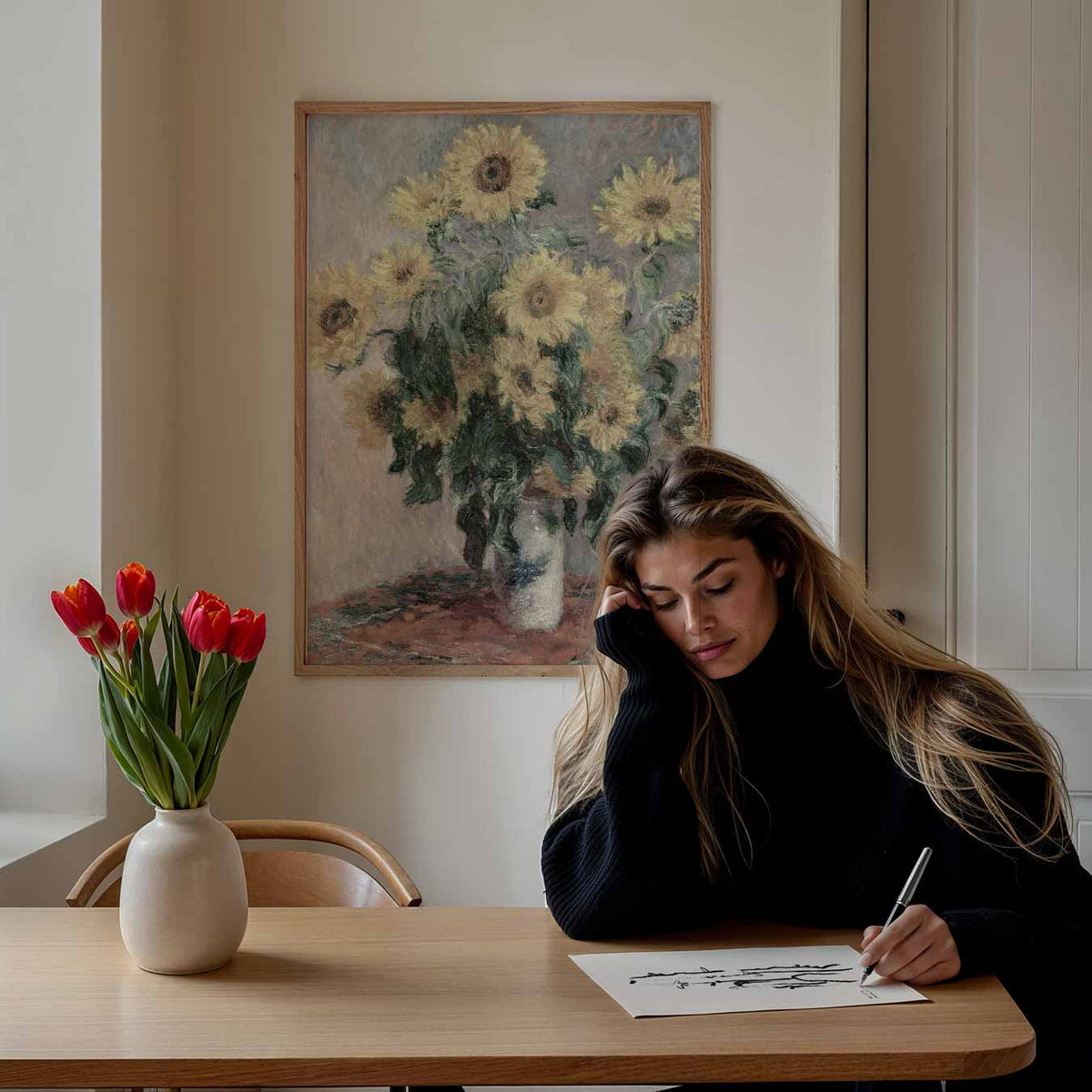 Zonnebloemen Vaas – staande muurposter met vintage uitstraling