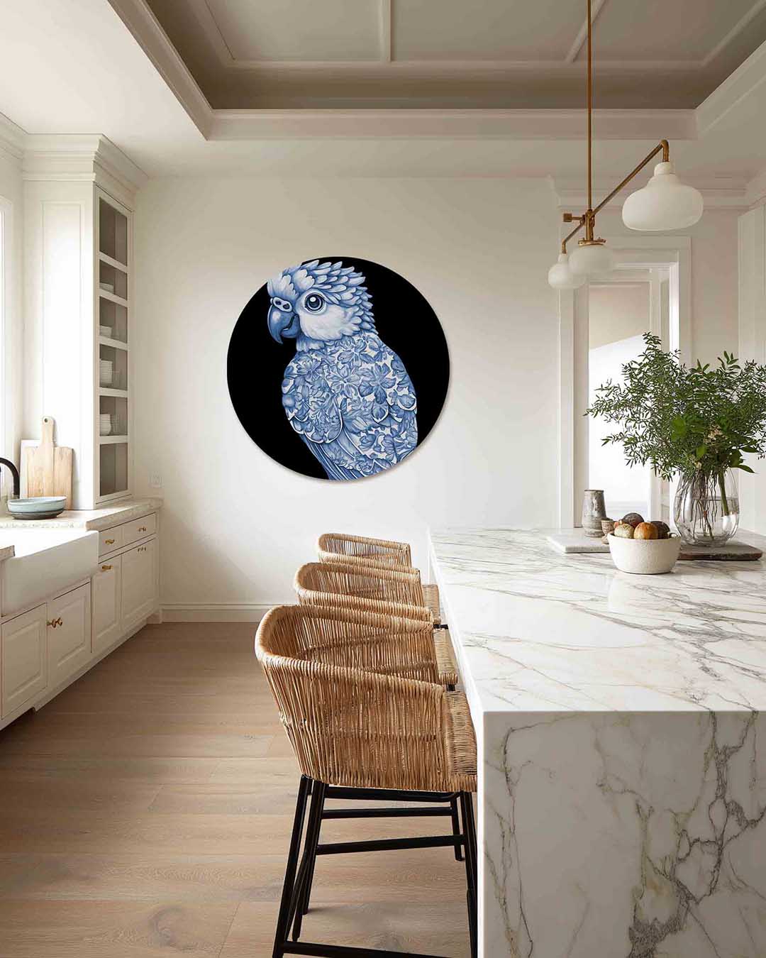 Papegaai met bloemen – Pop Art muurcirkel als ronde wanddecoratie