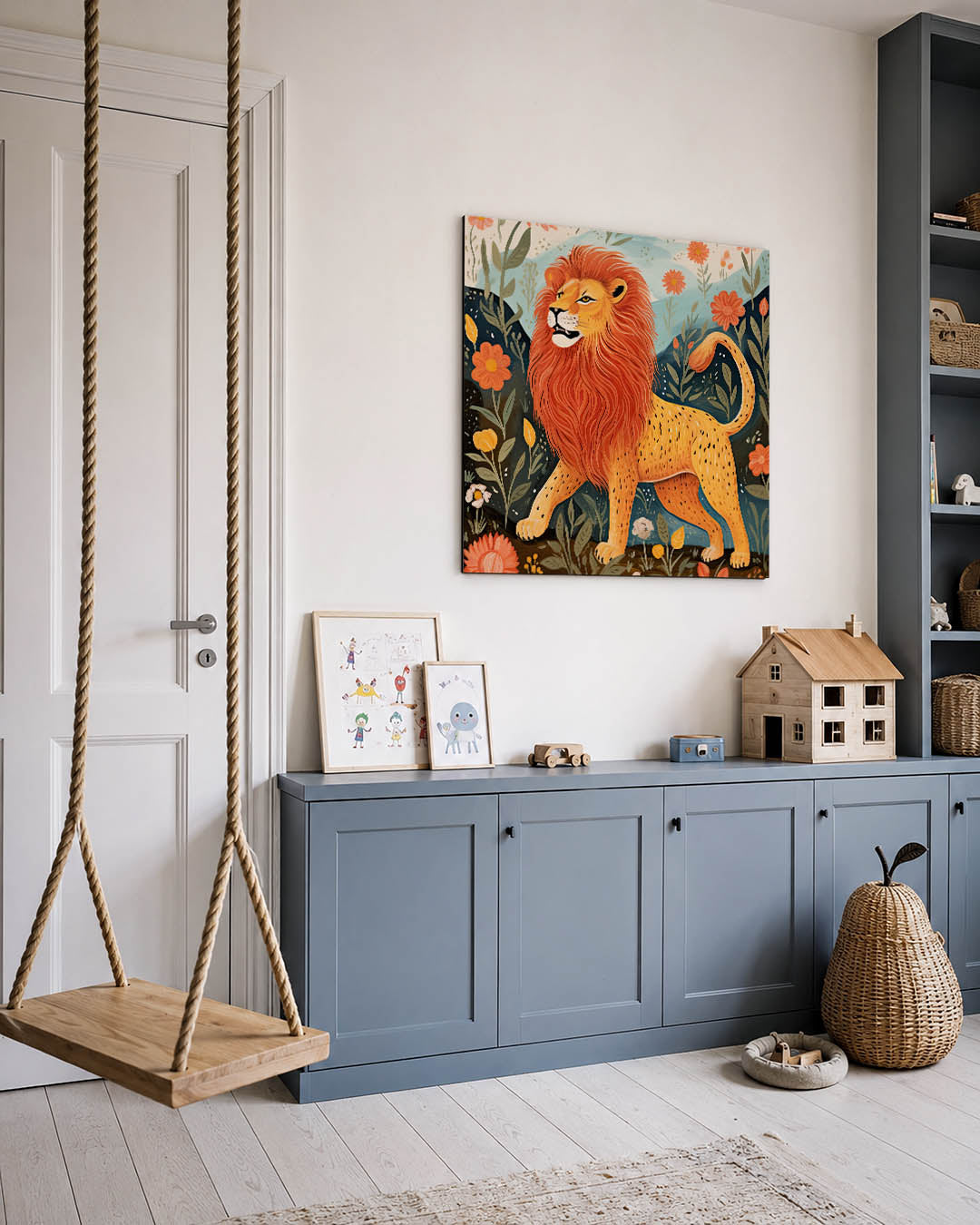 Leeuw in bloemenveld kunstwerk – vierkante wanddecoratie – dit werk toont een majestueuze leeuw omringd door kleurrijke