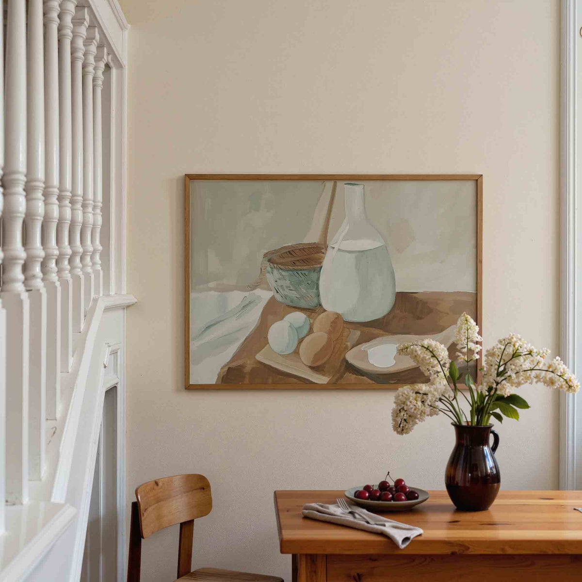 Stilleven met fles en eieren – liggende illustratie poster als wanddecoratie