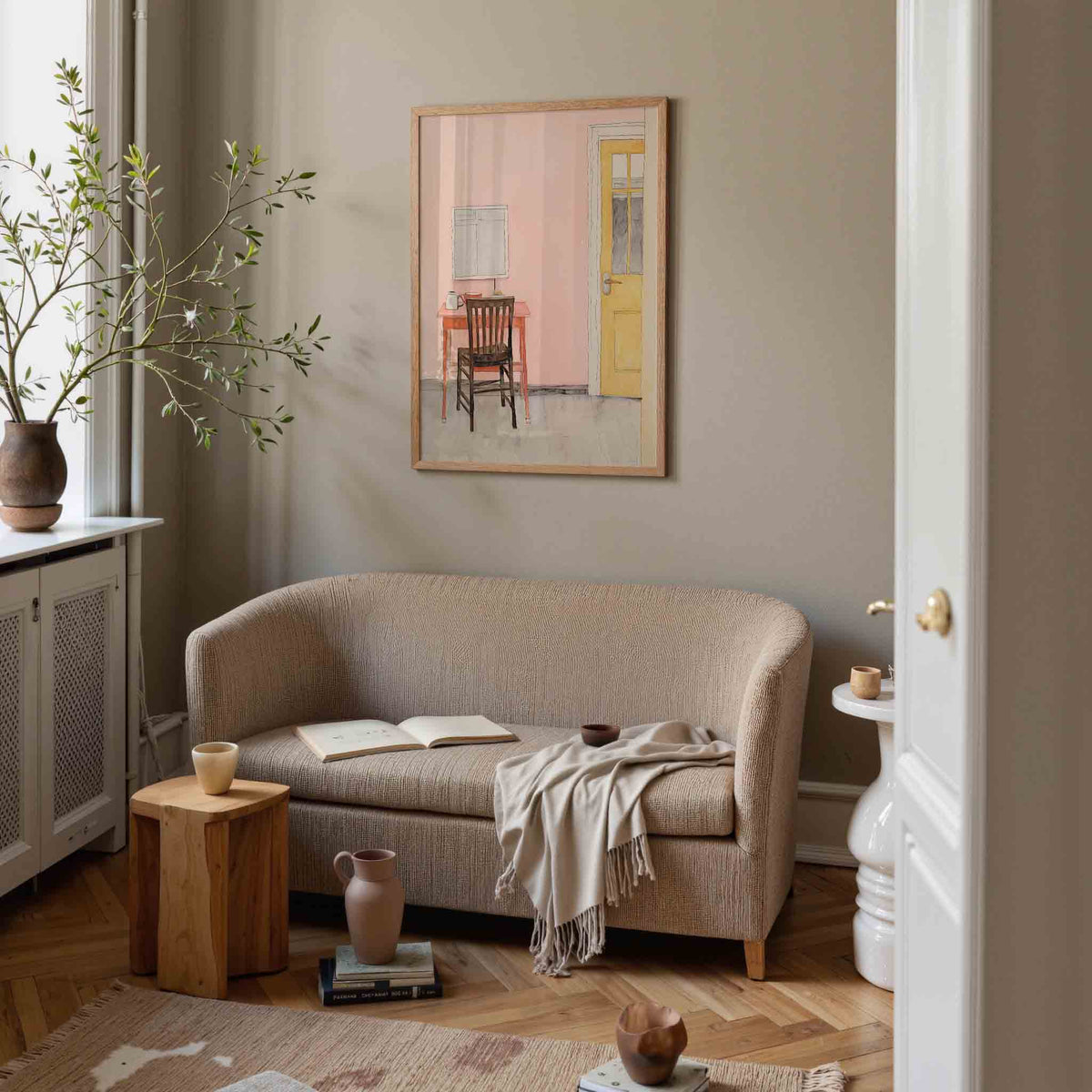 Interieur met stoel en tafel – botanische poster in staand formaat
