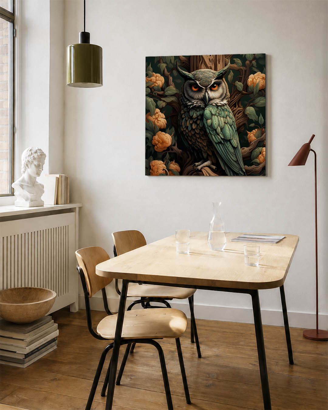 Uil in bloemen kunstwerk – detailweergave – dit kunstwerk toont een gedetailleerde uil omringd door bloemen en bladeren. De