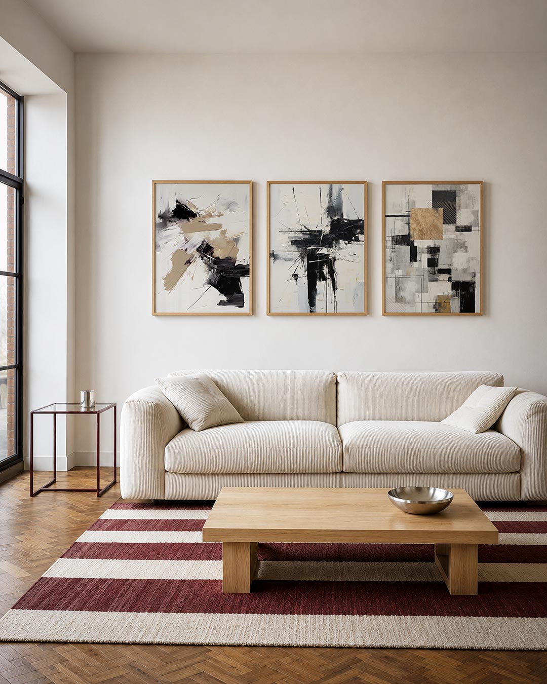 Dynamische kleurvlakken driedelige posterset – deze compositie toont een energieke mix van beige, zwart en