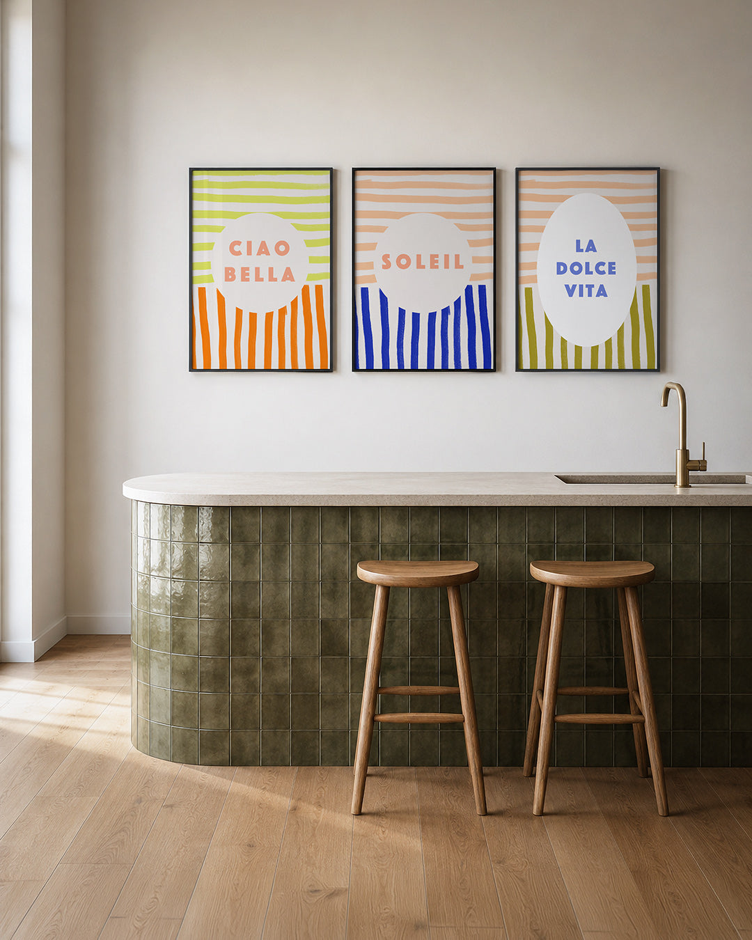 Strepen en cirkel posterset – tweede productweergave – deze poster toont een speels lijnenspel van horizontale