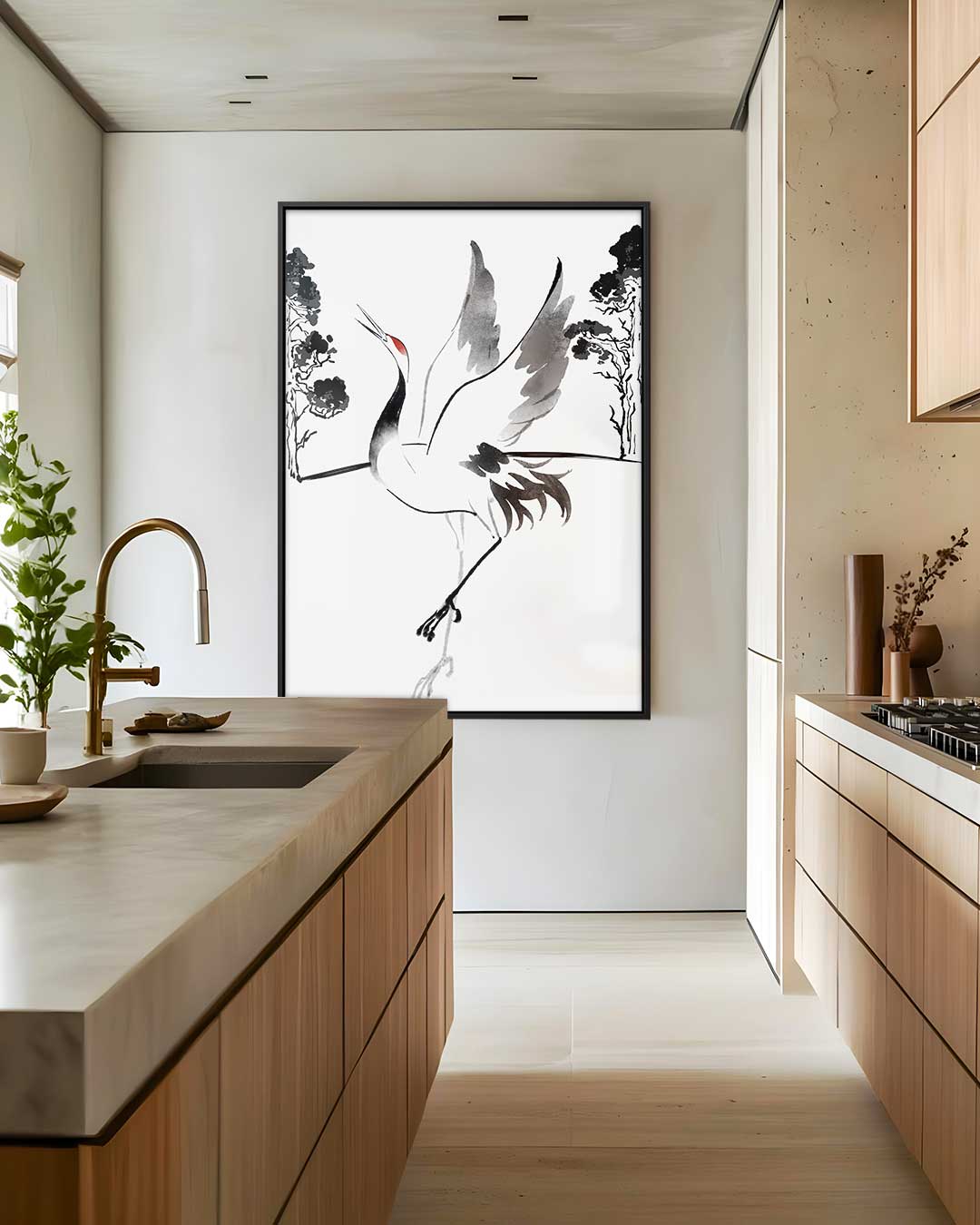 Dansende Kraanvogel in Inkt – canvas wanddecoratie in portret formaat