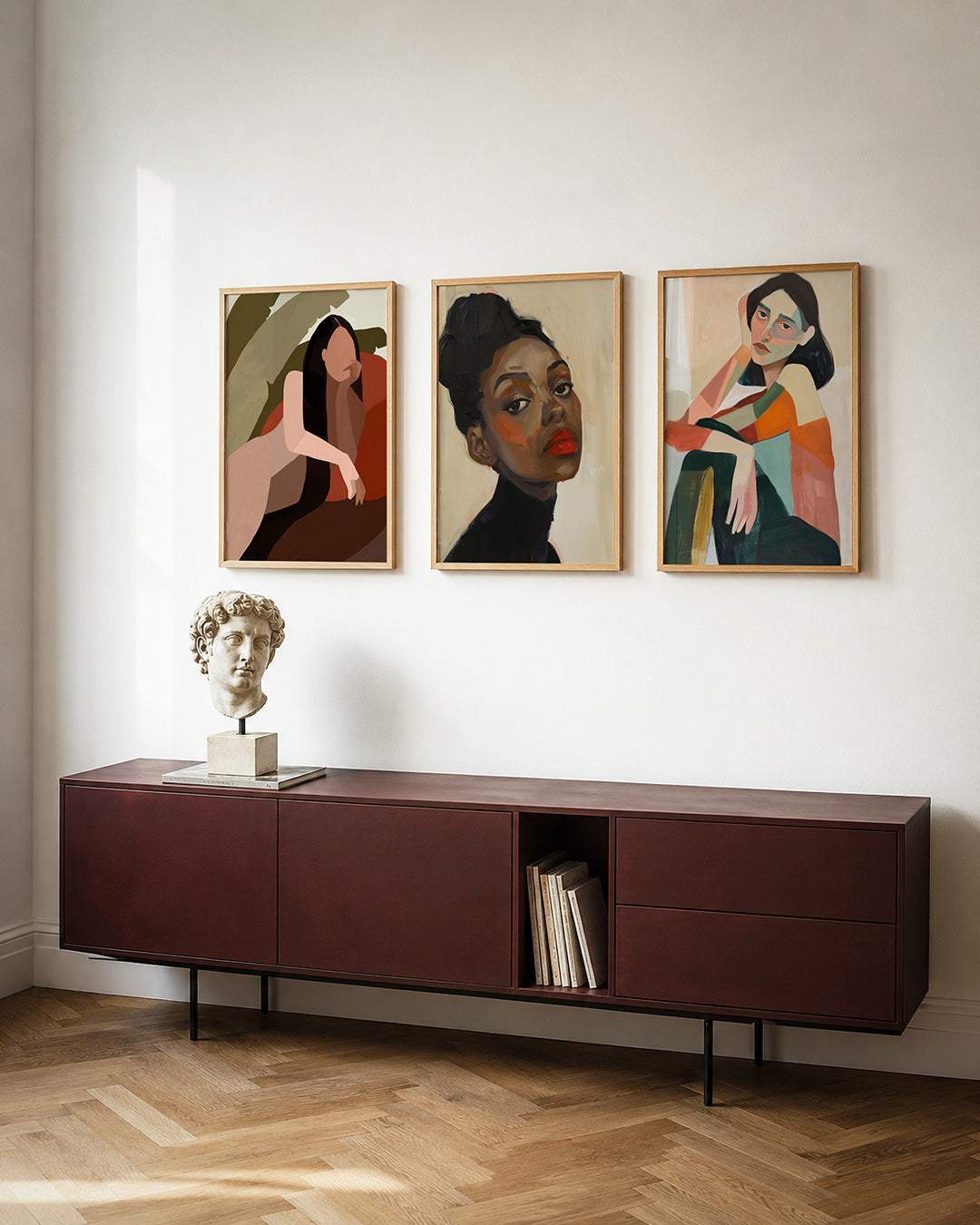 Vorm en balans posterset – tweede productweergave – een zachte compositie van vloeiende lijnen en warme kleuren