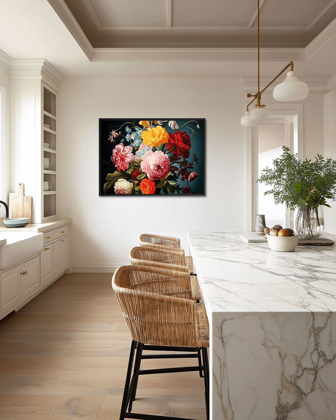 Bloemrijke compositie – Bloemen kunstwerk – liggende wanddecoratie