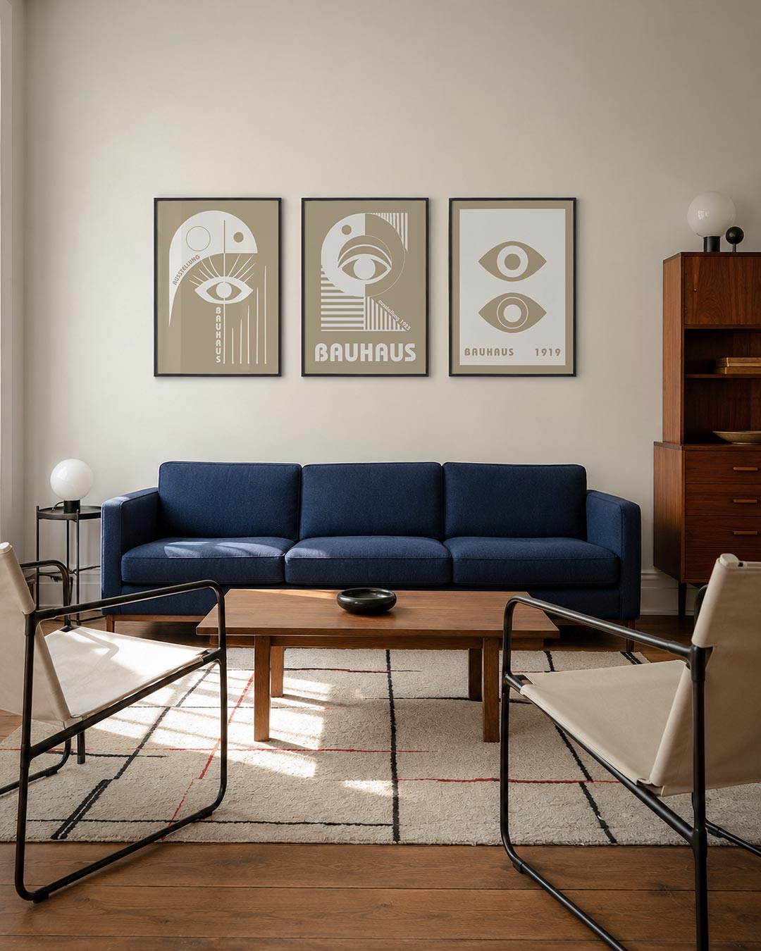 Oog en lijnen driedelige posterset – een beige achtergrond met een wit oog centraal. Strakke lijnen en cirkels creëren een