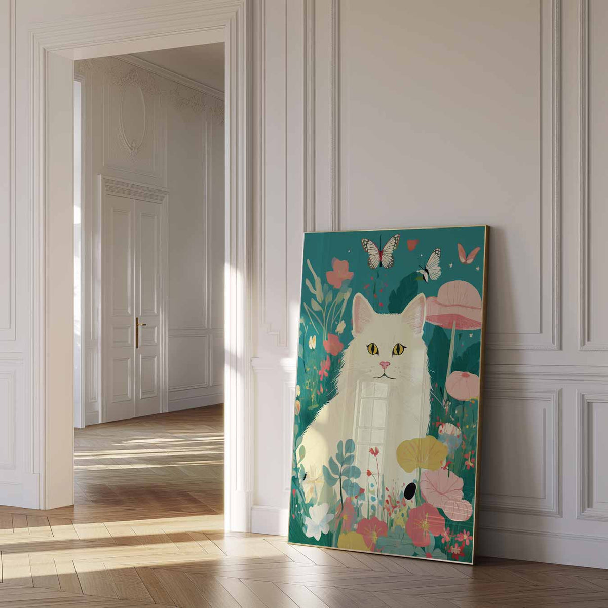 Dromerige Kat in Bloementuin – dierenposter als moderne staande wanddecoratie