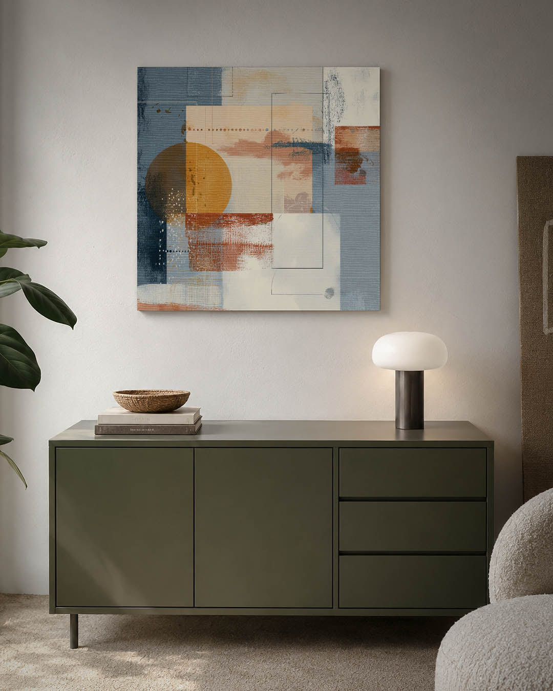 Geometrische kleurencompositie kunstwerk – detailweergave – dit werk toont een dynamische mix van rechthoeken, cirkels en