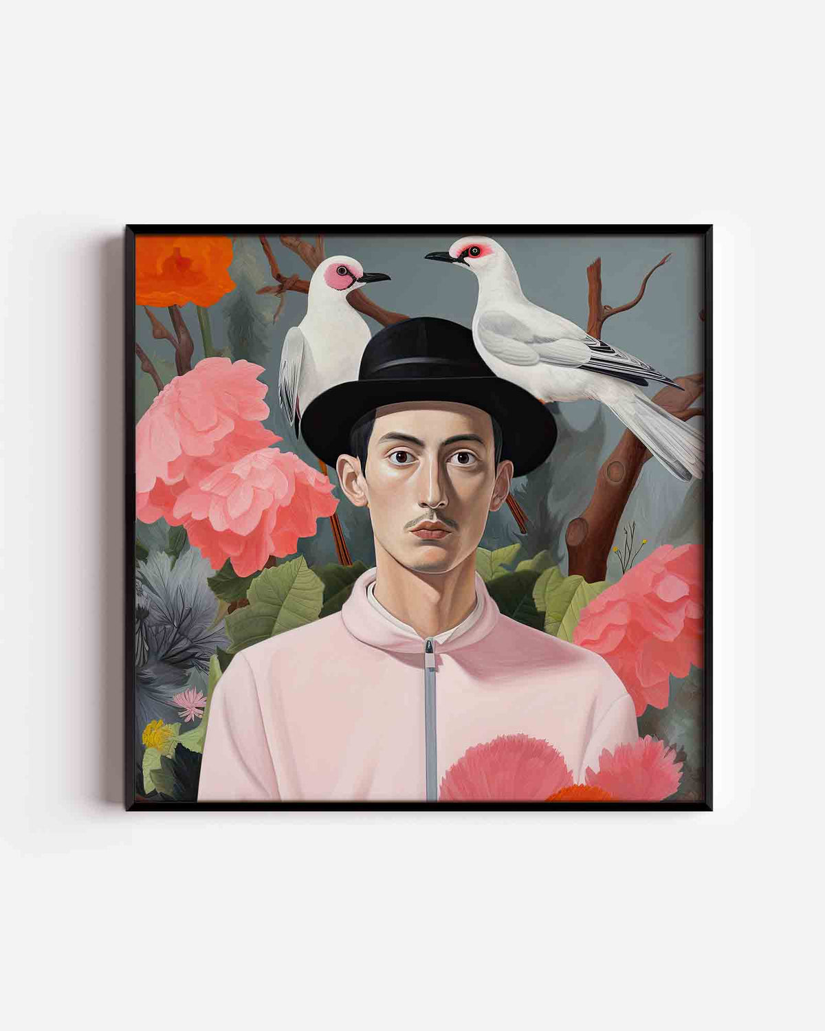 Man met vogels en bloemen – kleurrijke illustratie poster als wanddecoratie
