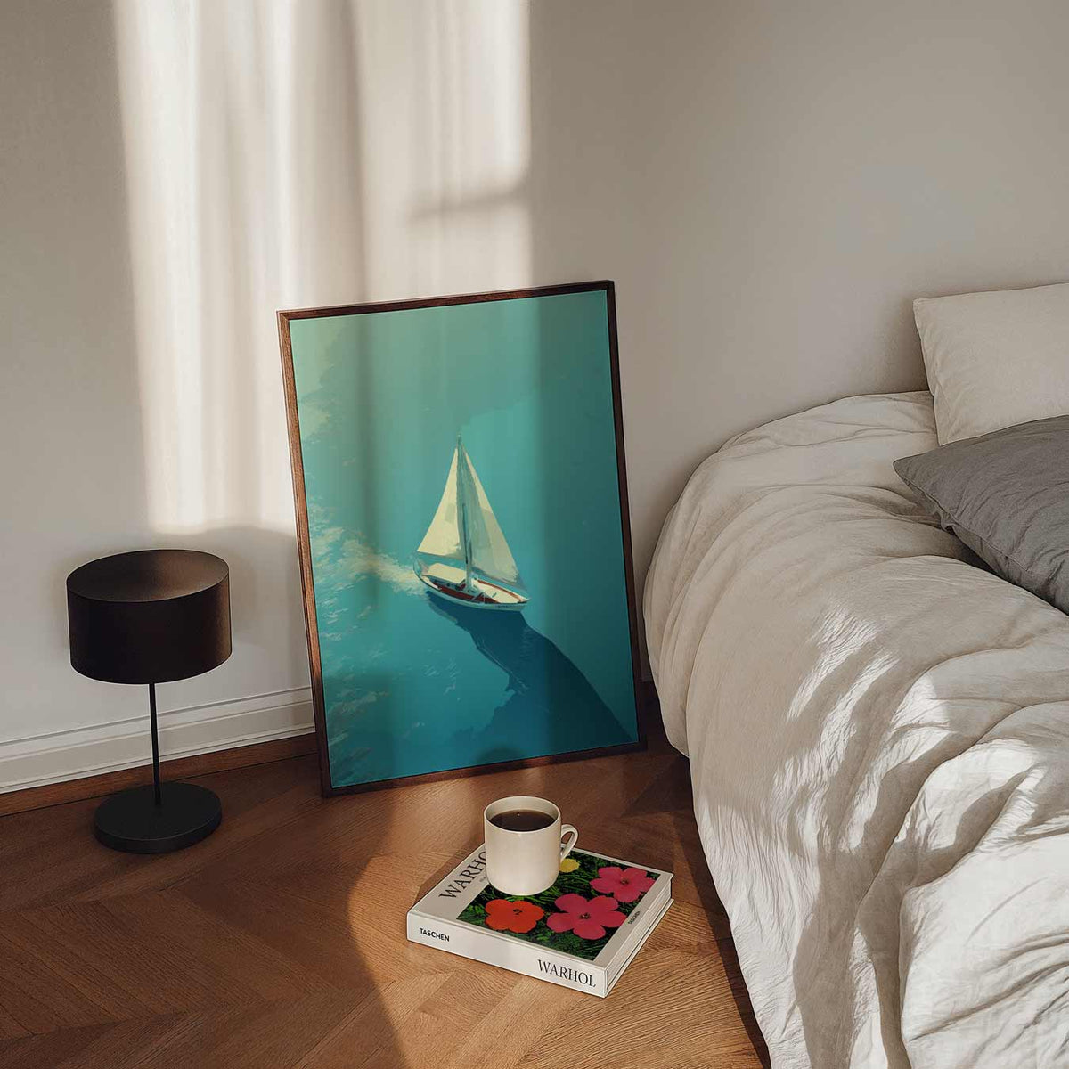 Zeilboot in de Zonsondergang – staande dieren wanddecoratie van WallArtistic