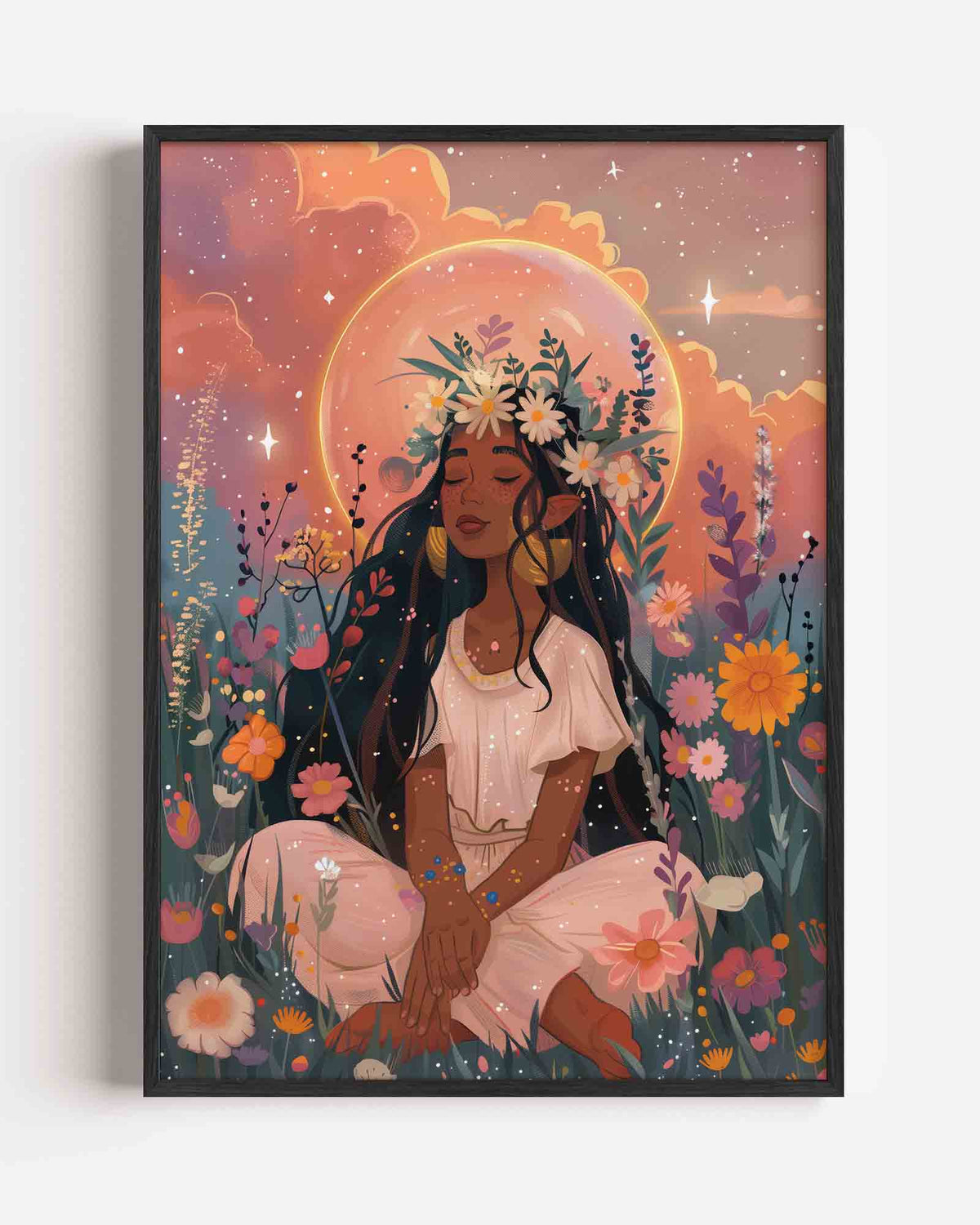 Bloemenkrans en zon – kids portret poster als wanddecoratie