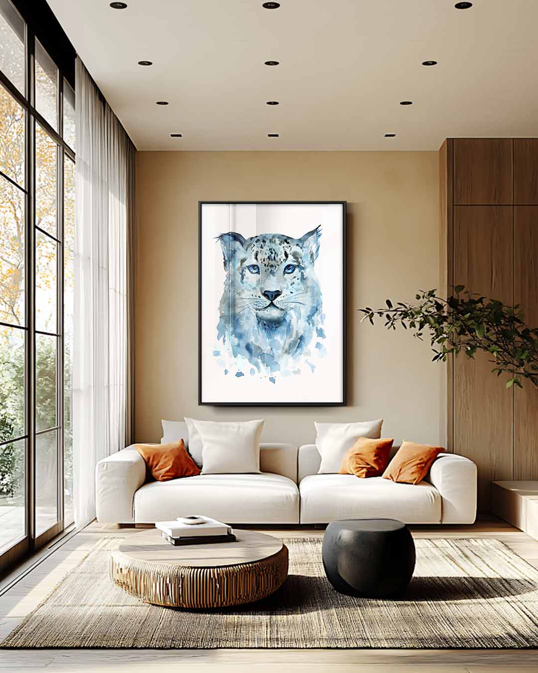 Blauwe Sneeuwluipaard Kunst – staand kunstwerk voor modern interieur