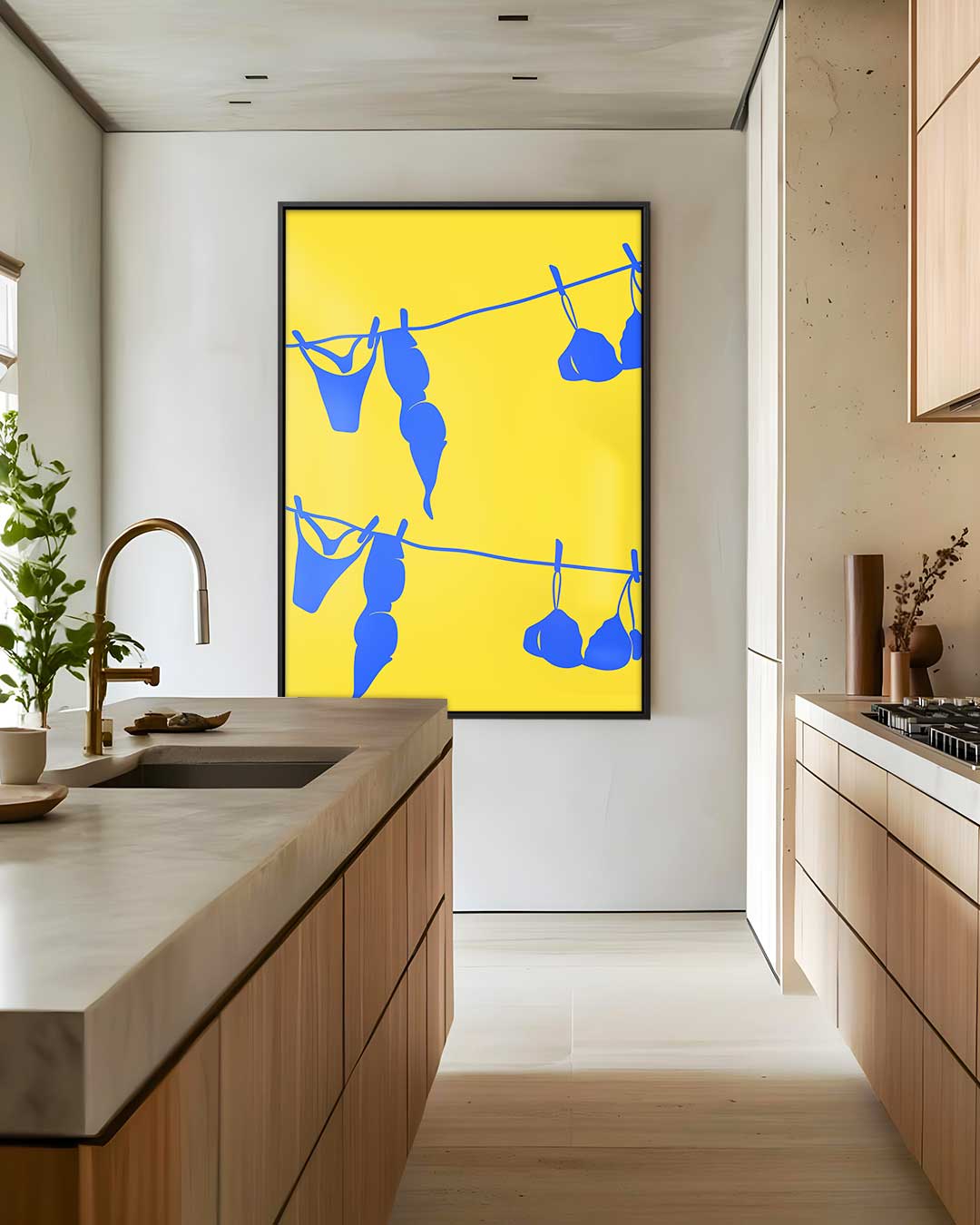 Blauw Wasgoed op Gele Draad – dibond wanddecoratie in staand formaat