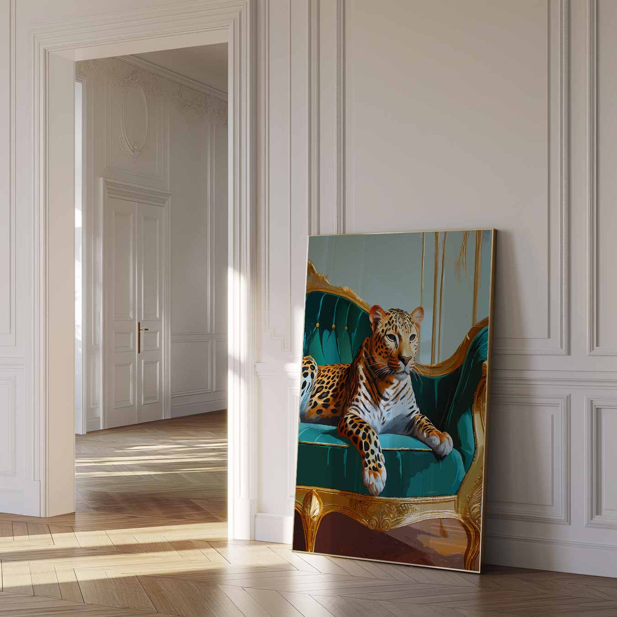 Luipaard op Luxueuze Bank – dierenposter als moderne staande wanddecoratie