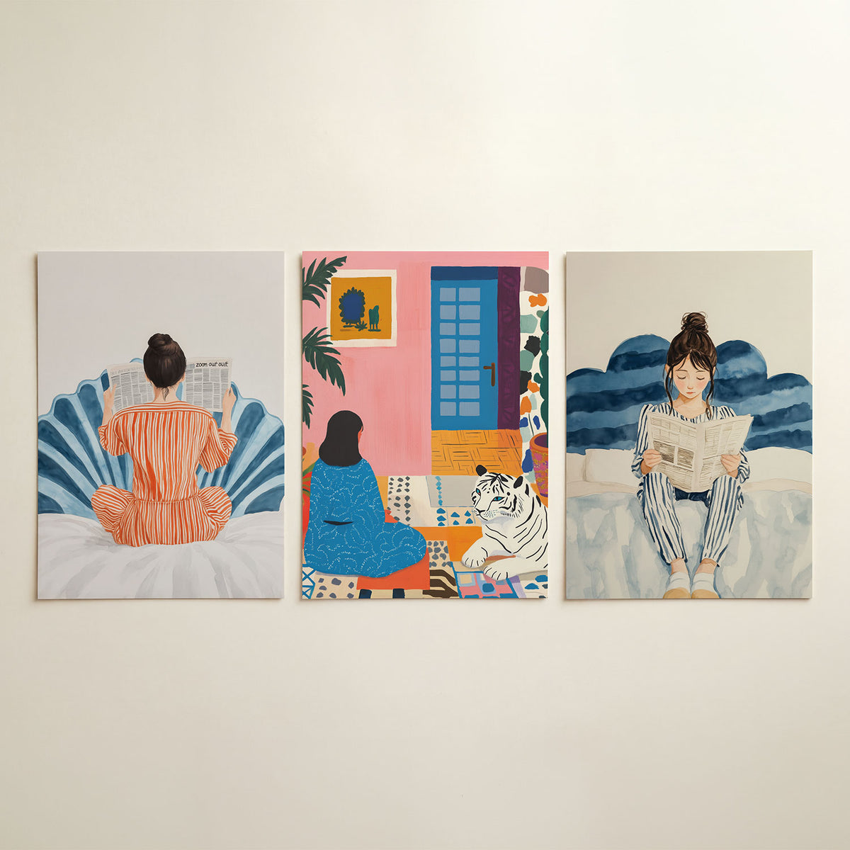 Kleurrijke lezing driedelige posterset in interieur