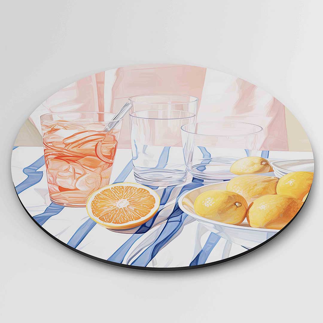 Citrus en glazen – ronde textuur wanddecoratie van WallArtistic
