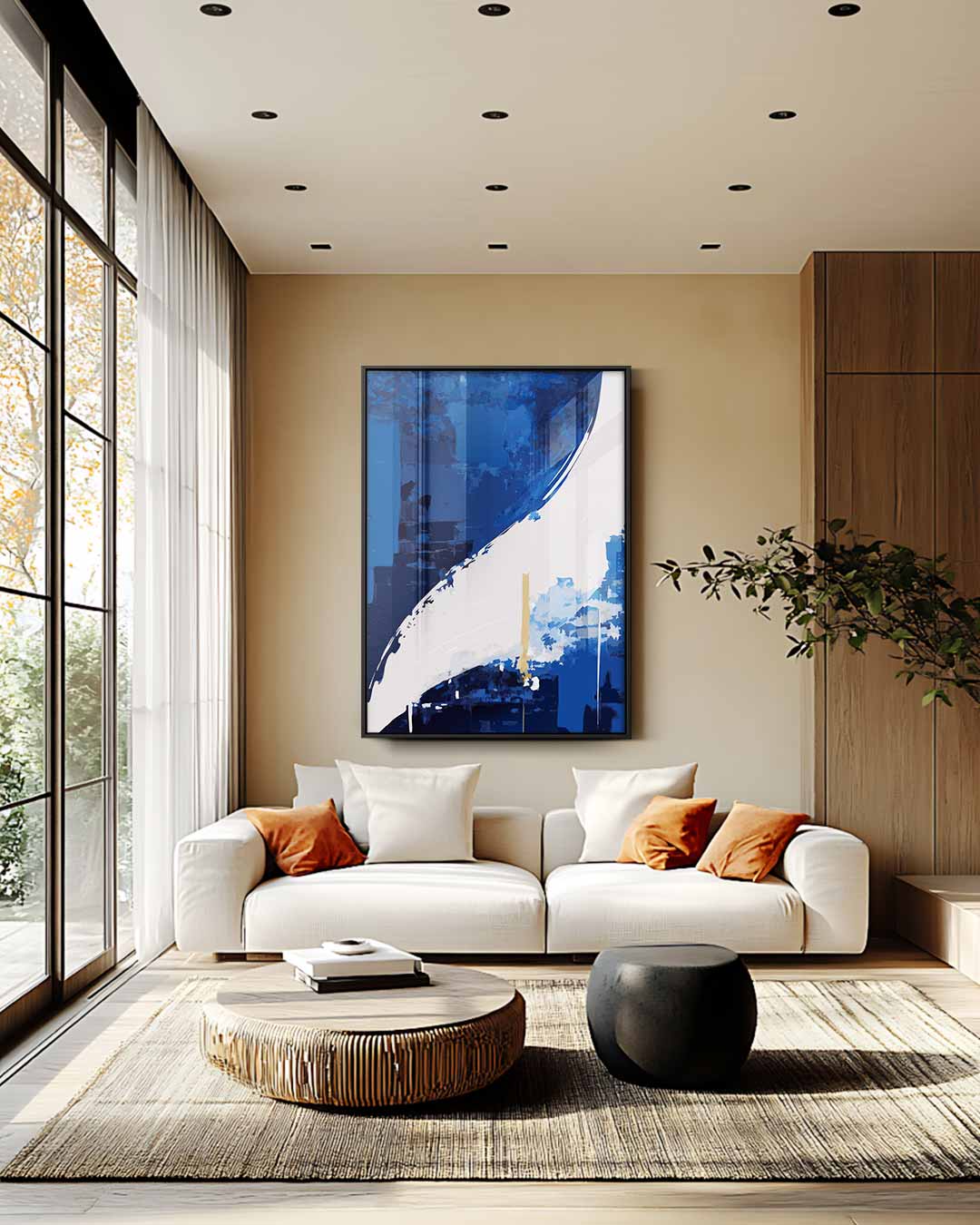 Expressieve Blauwe Abstractie – plexiglas wanddecoratie in portret formaat