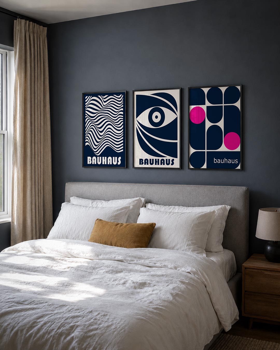 Golvend lijnenspel posterset – derde productweergave – deze posterset toont een dynamisch lijnenspel met golvende witte