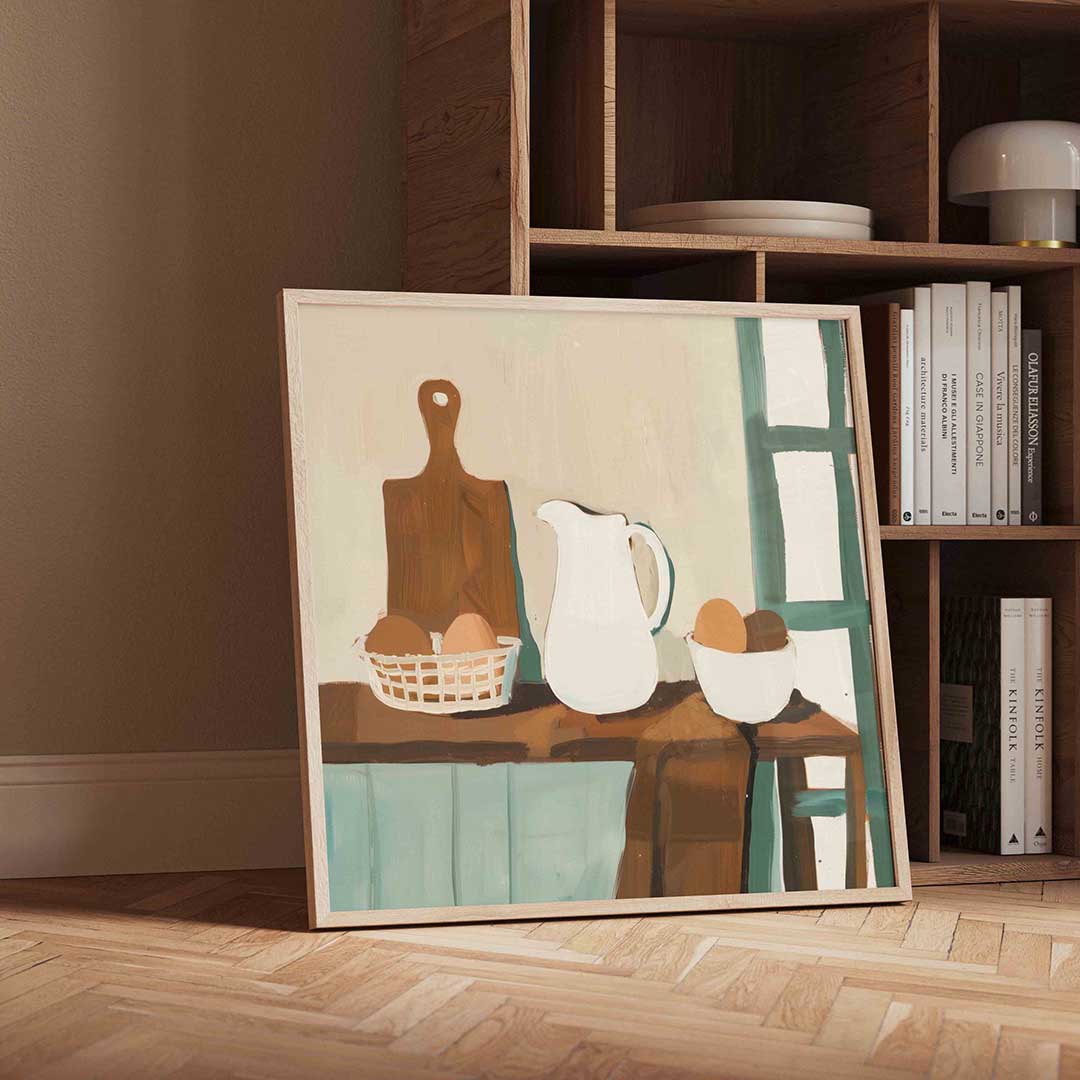 Stilleven met kan en eieren – moderne wandkunst als vierkante poster