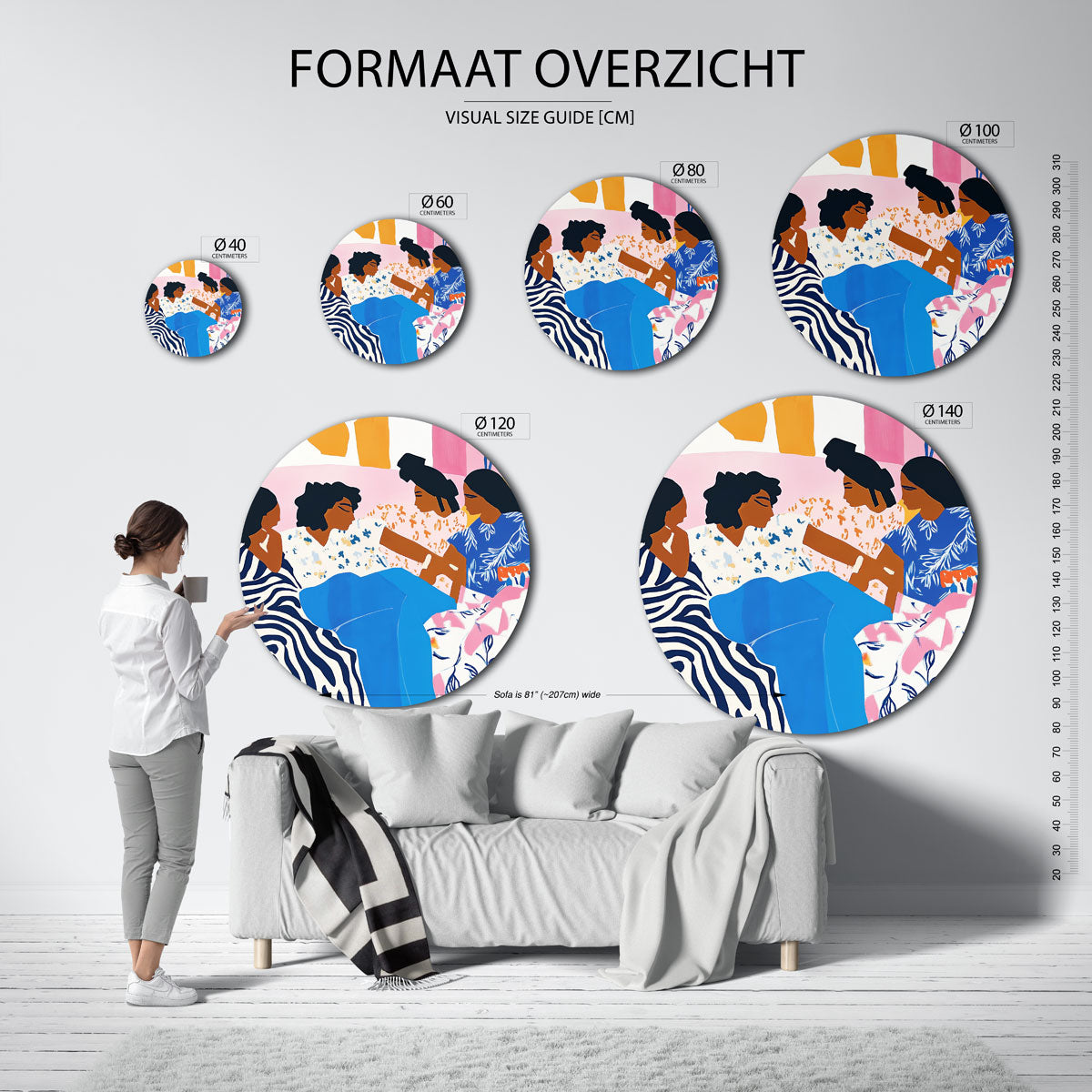 Vrouwen in kleurrijke patronen – moderne ronde muurdecoratie met abstracte vormen